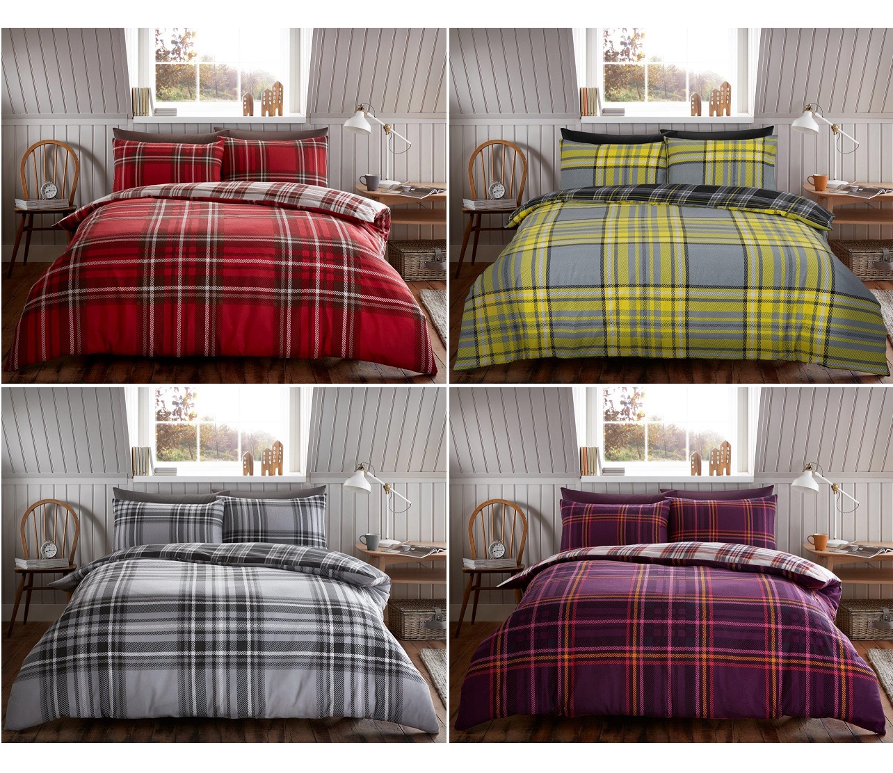 EDS Flannelette Duvet Cover 100% Brushed Cotton Tartan Check Flannel Thermal Winter Bedding Duvet Cover Set Luxury Super Soft With Matching Colour Pillow Cases Double Purple